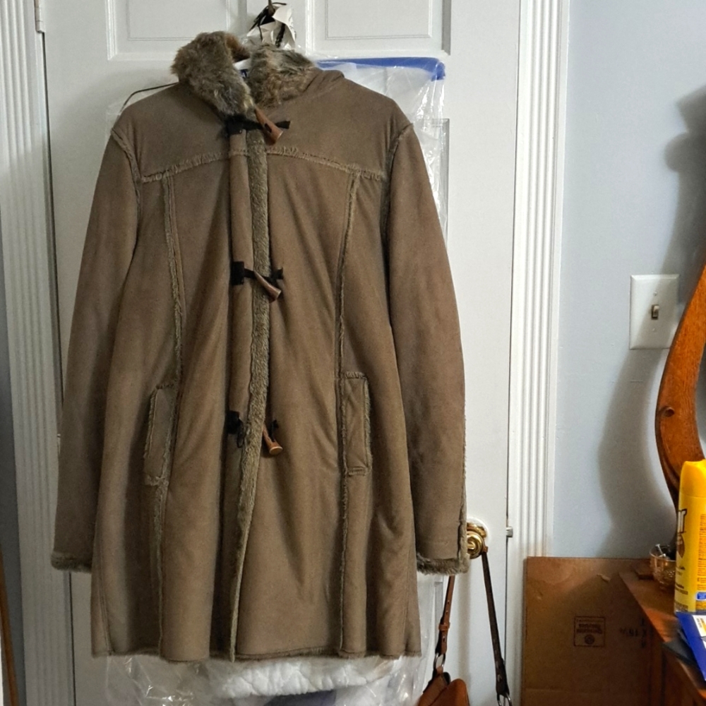 Winter olive green faux suede, faux fur coat. Hood and inside lined w/ faux fur